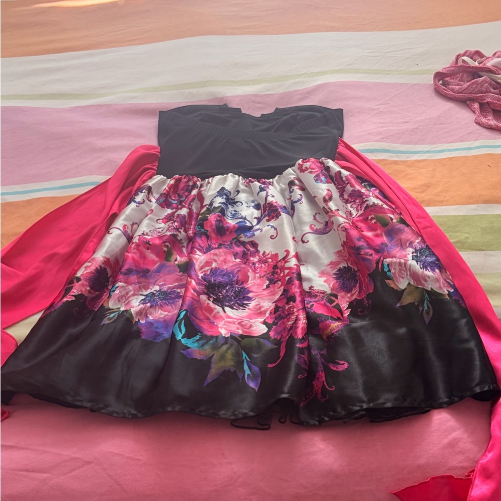 Girls Black & Pink Floral Party Dress